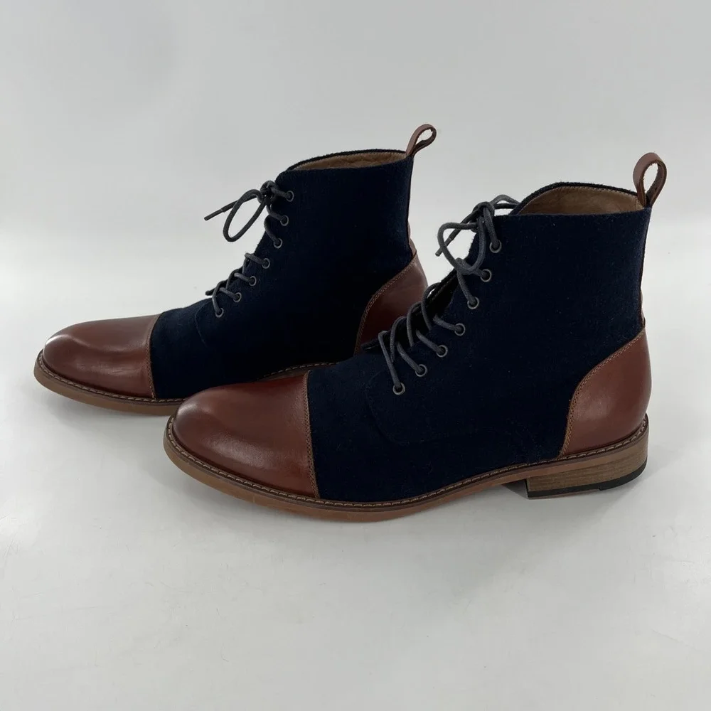 La Milano Mens Lace Up Boots Stance Cognac‎ Navy Leather Fabric Cap Toe Size 14